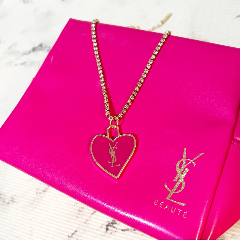 YSL Beauty Pink Heart Necklace & Pouch (Pendant is the Zipper Pull)